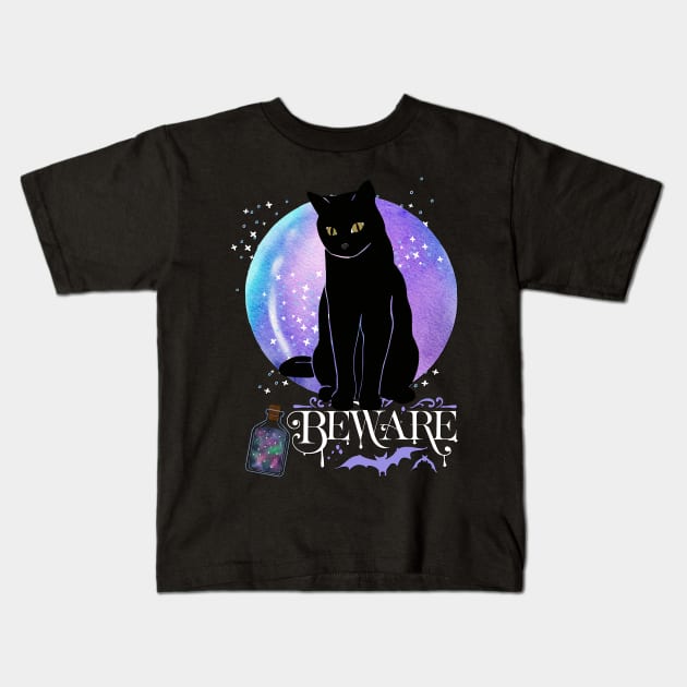 Black cat Magic Witch Tarot cards Beware potion witchy Witchcraft astrology Halloween Kids T-Shirt by BoogieCreates